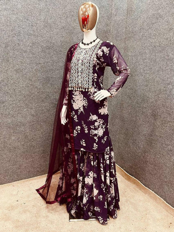 Wine Purple Georgette Embroidery Salwar Suit with Dupatta - Indiakreations