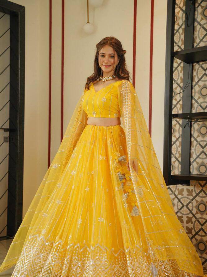 Yellow Net Embroidery Lehenga Choli with Dupatta - Indiakreations