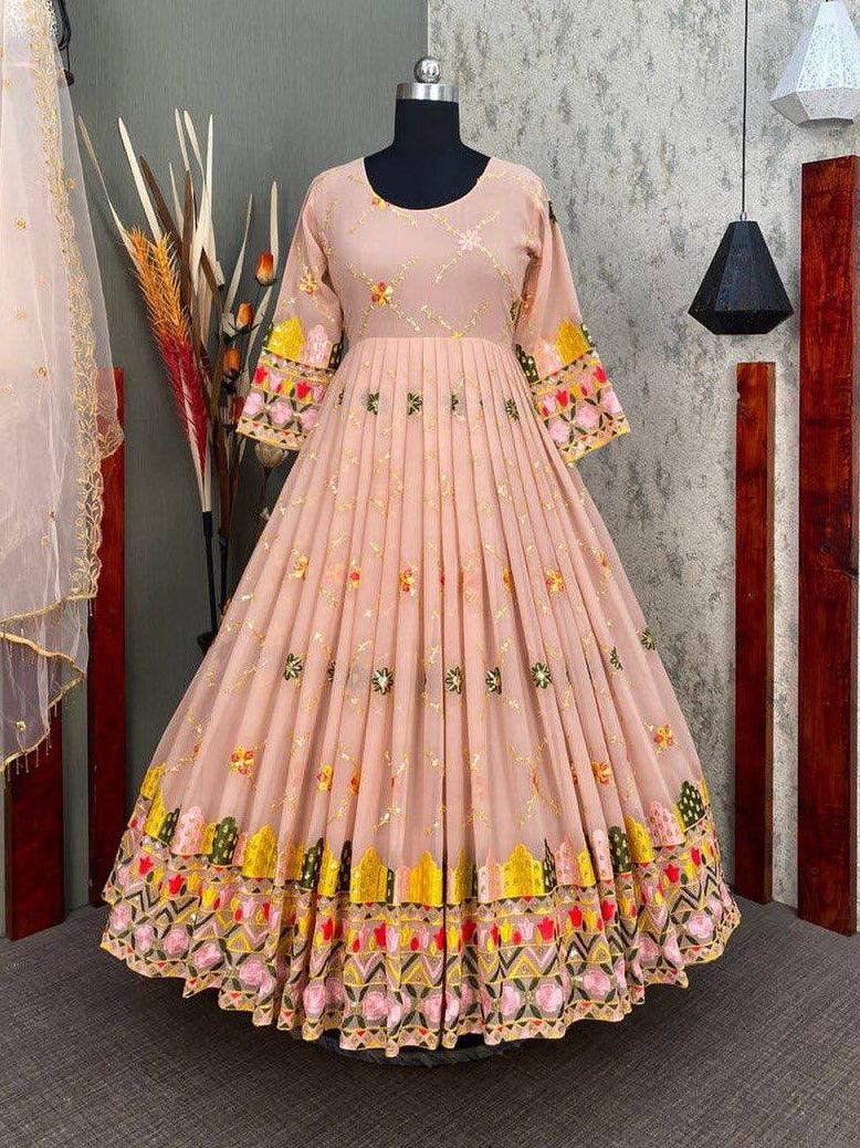 Peach Georgette Embroidery Salwar Suit with Dupatta - Indiakreations