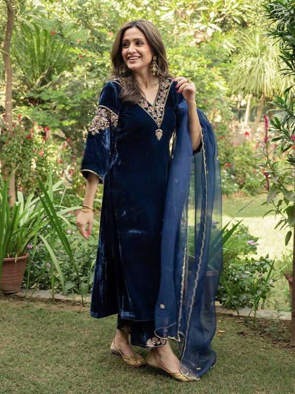 Blue Velvet Embroidery Salwar Suit with Dupatta - Indiakreations