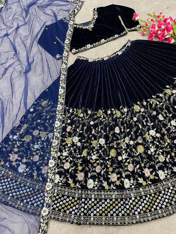 Blue Velvet Embroidery Lehenga Choli with Dupatta - Indiakreations