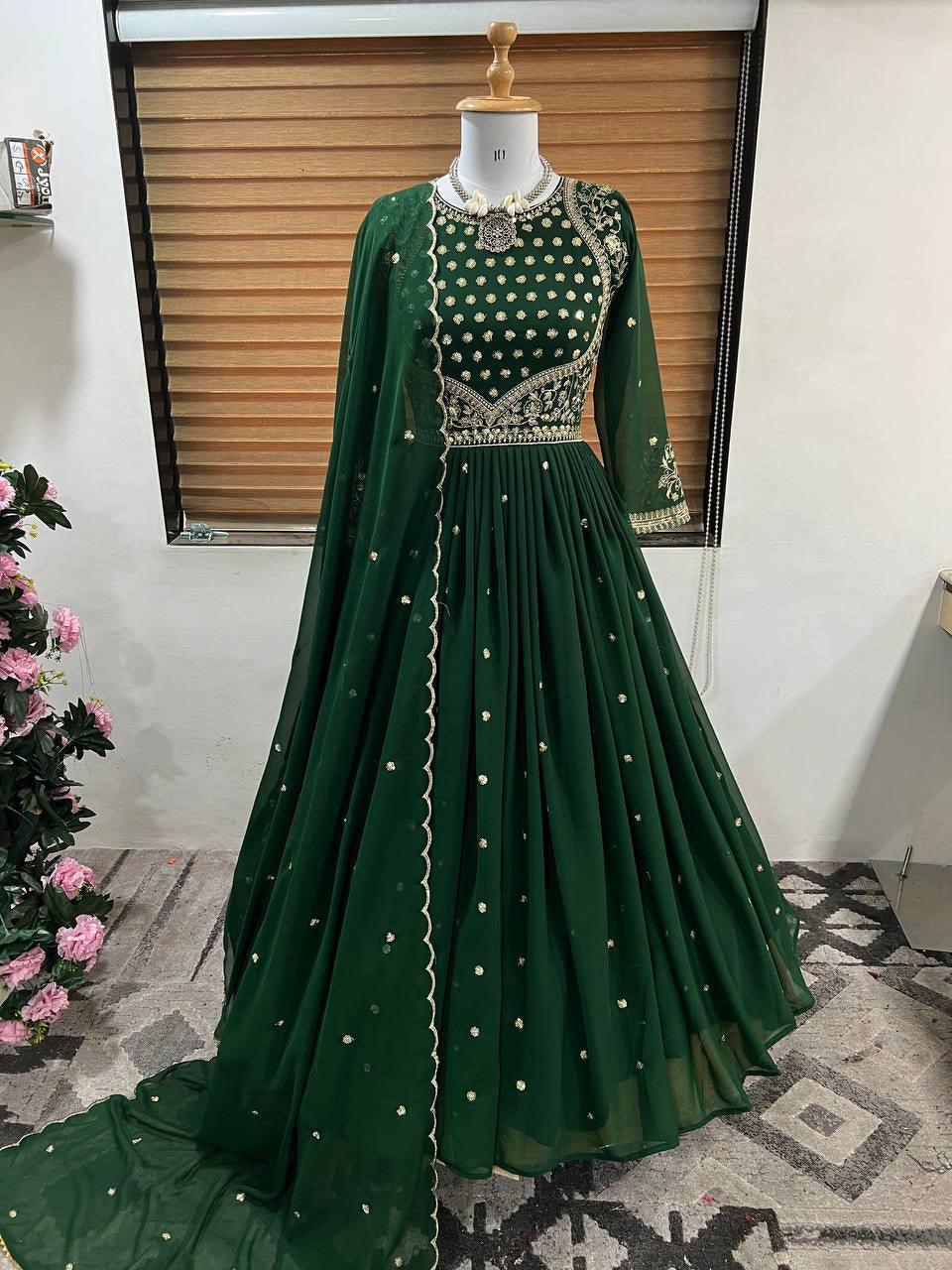 Green Georgette Embroidery Salwar Suit with Dupatta - Indiakreations