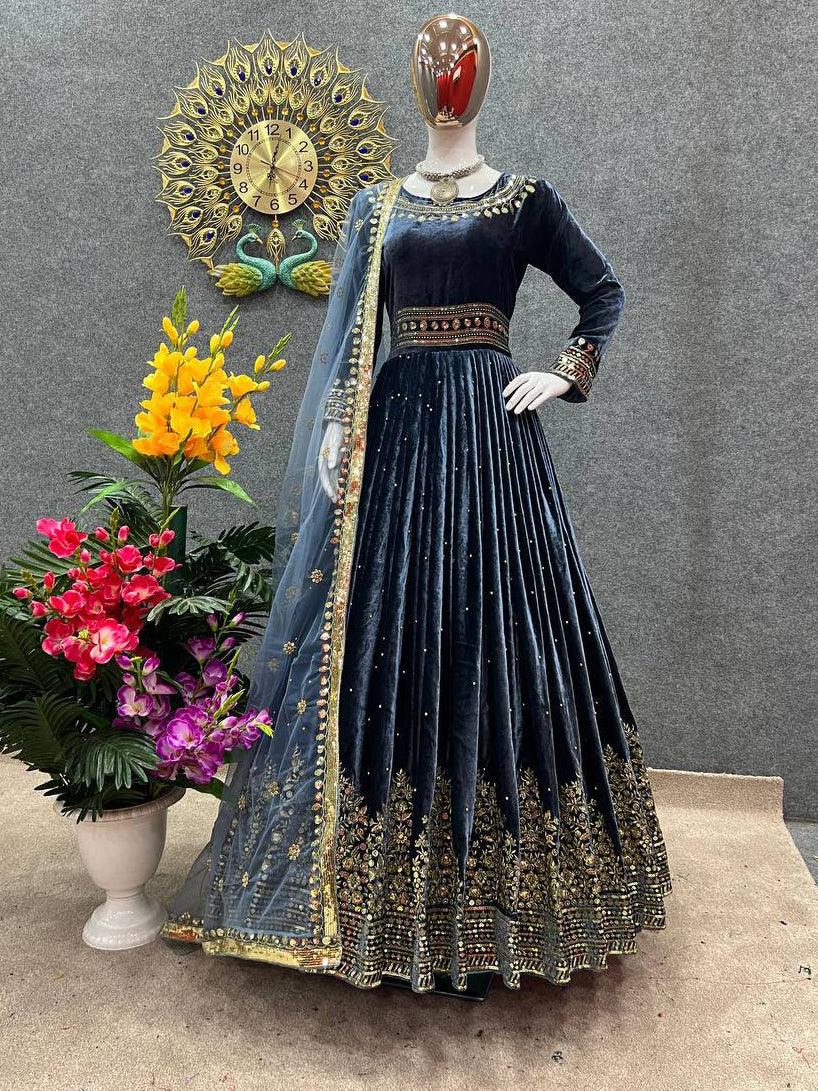 Blue Velvet Embroidery Salwar Suit with Dupatta - Indiakreations