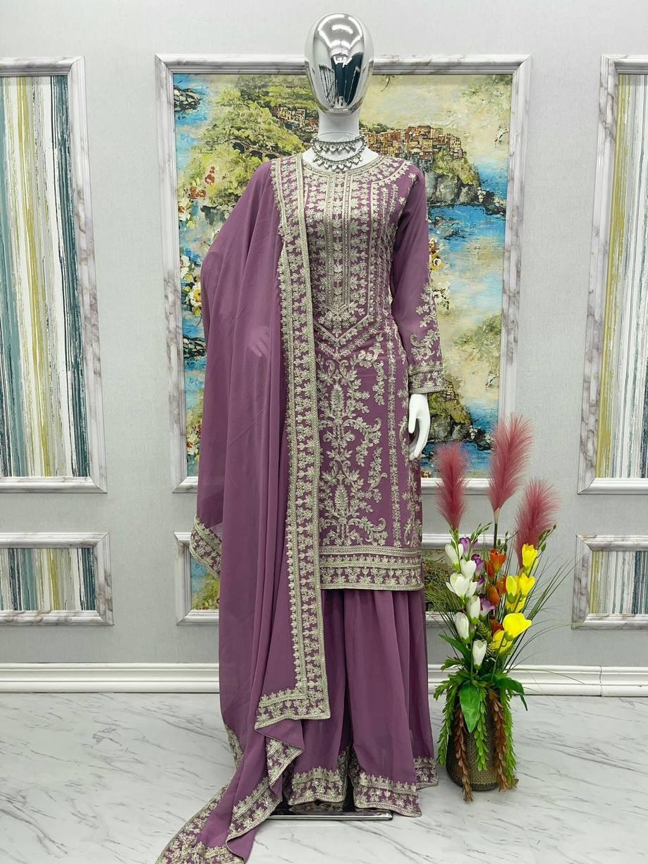 Purple Georgette Embroidery Salwar Suit with Dupatta - Indiakreations