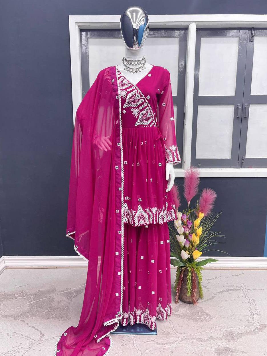 Deep Pink Georgette Embroidery Salwar Suit with Dupatta - Indiakreations