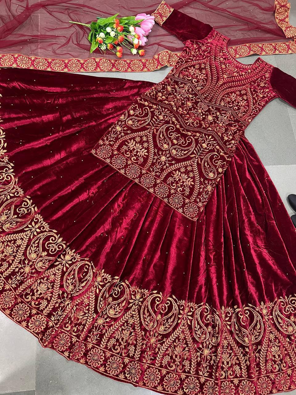 Red Velvet Embroidery Lehenga Choli with Dupatta - Indiakreations