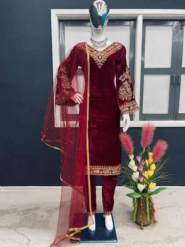 Blood Red Velvet Embroidery Salwar Suit with Dupatta - Indiakreations