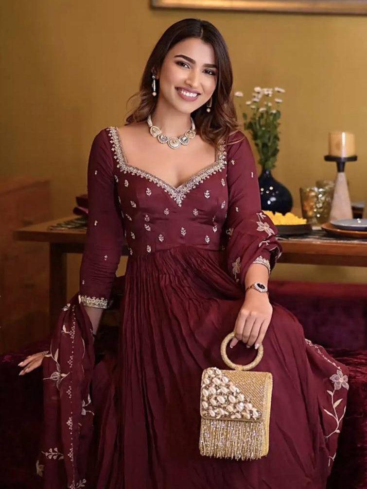 Maroon Georgette Embroidery Salwar Suit with Dupatta - Indiakreations