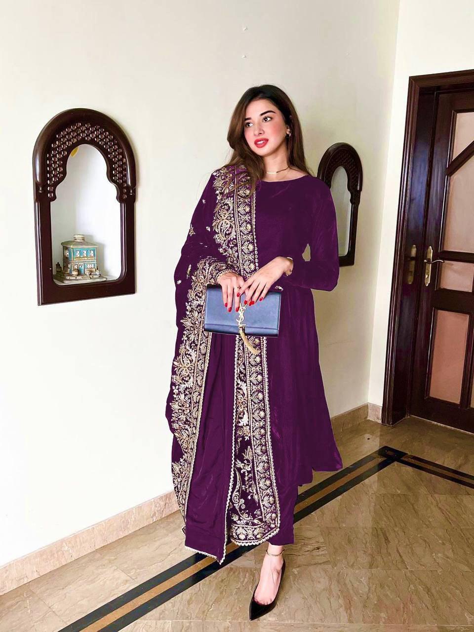 Purple Velvet Embroidery Salwar Suit with Dupatta - Indiakreations