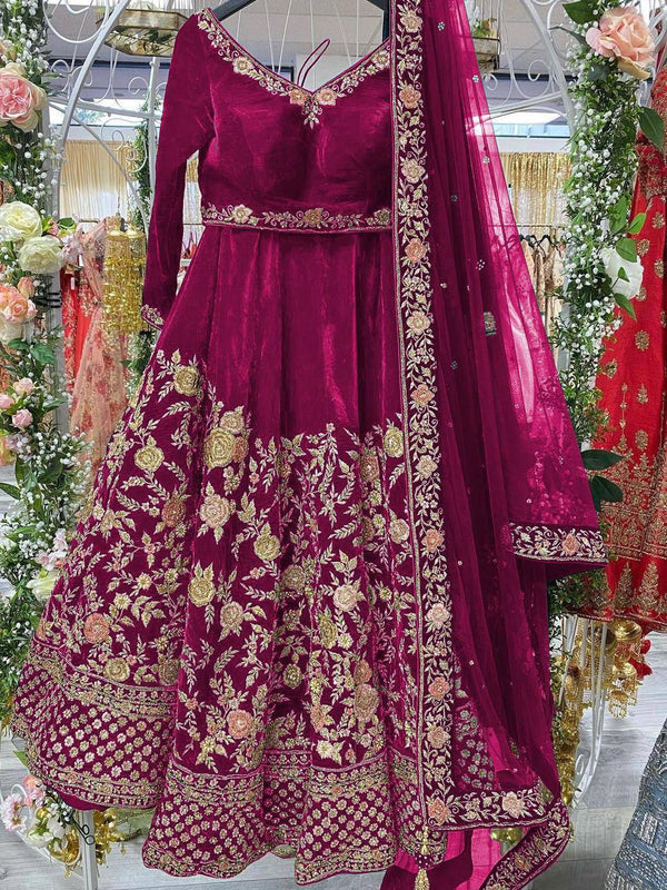 Dark Pink Velvet Embroidery Lehenga Choli with Dupatta - Indiakreations