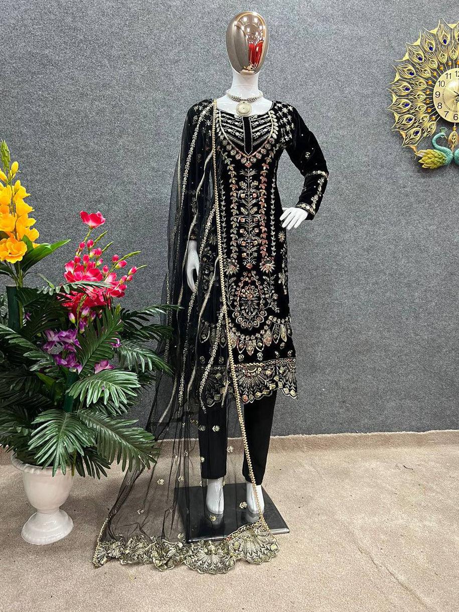 Black Velvet Embroidery Salwar Suit with Dupatta - Indiakreations