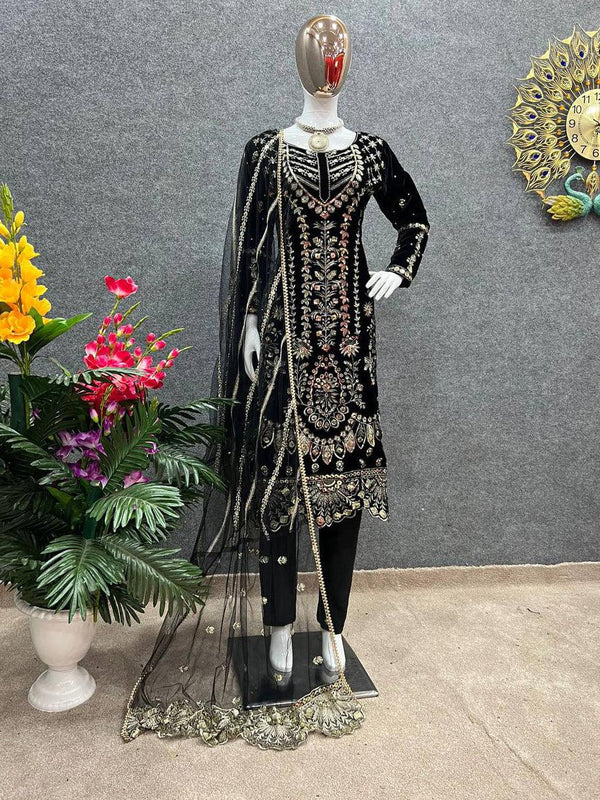 Black Velvet Embroidery Salwar Suit with Dupatta - Indiakreations