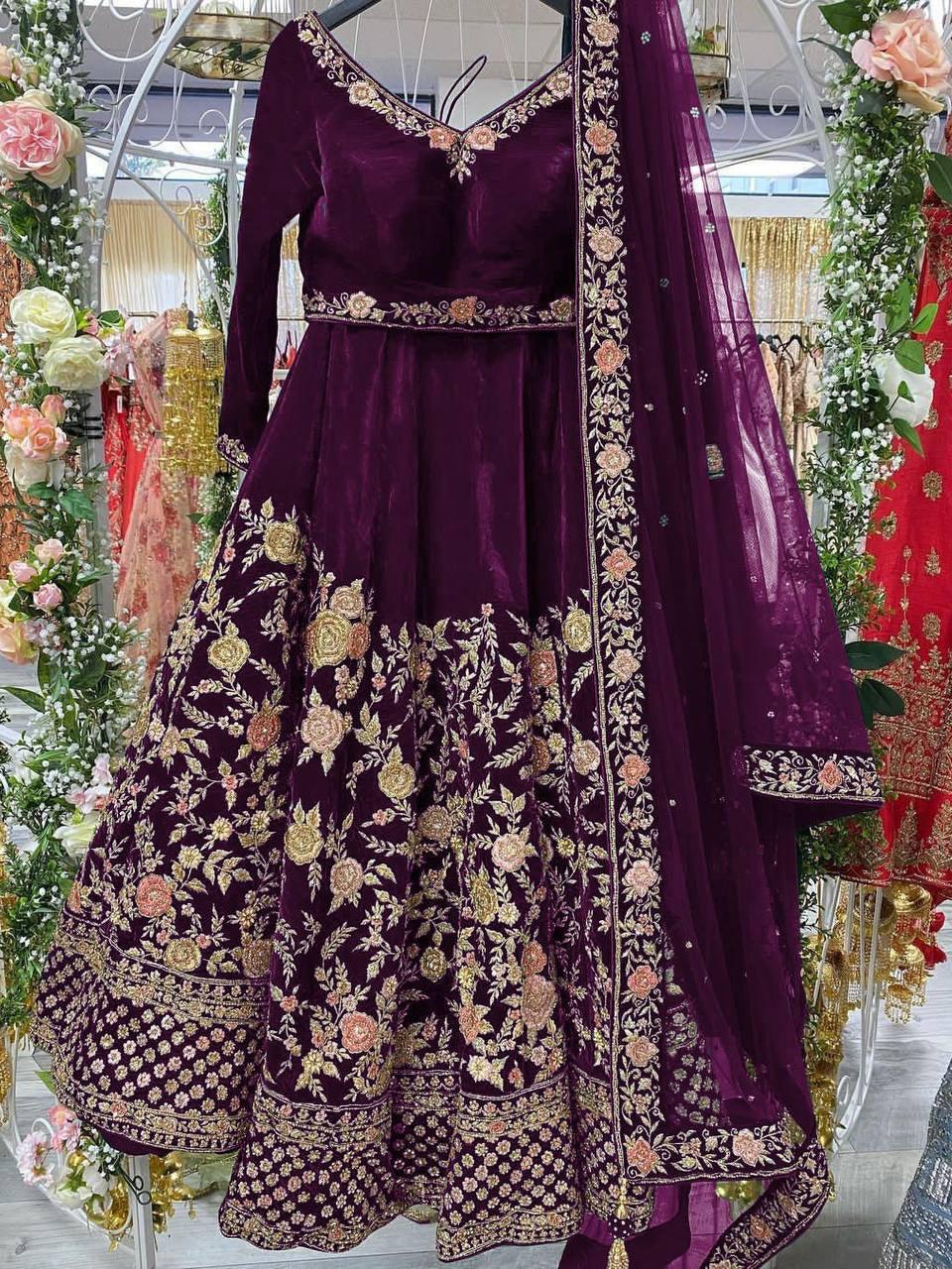 Wine Purple Velvet Embroidery Lehenga Choli with Dupatta - Indiakreations