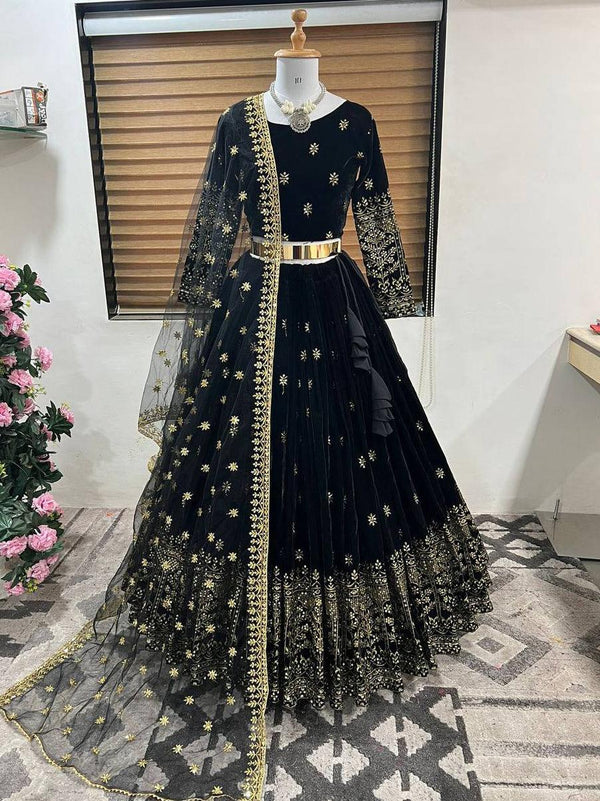 Dark Blue Velvet Embroidery Lehenga Choli with Dupatta - Indiakreations