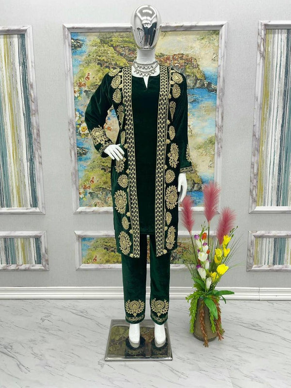 Forest Green Velvet Embroidery Salwar Suit with Dupatta - Indiakreations