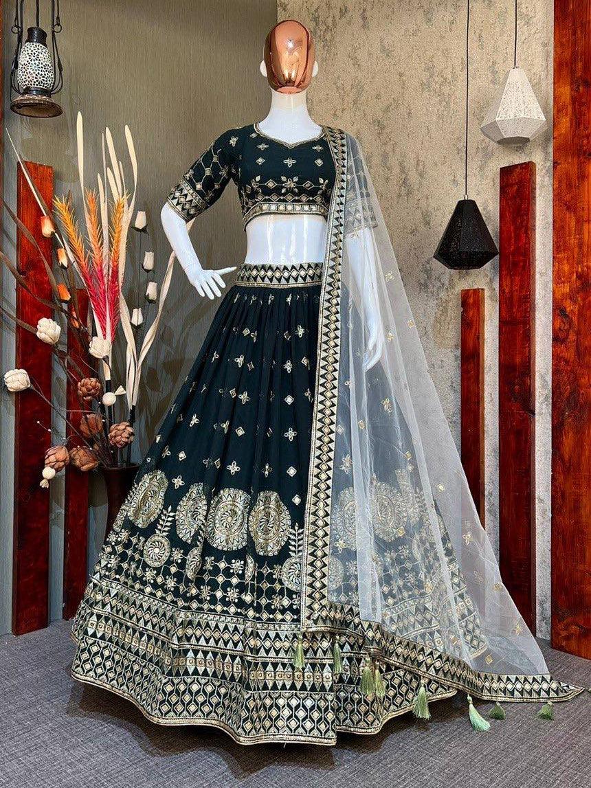 Forest Green Georgette Embroidery Lehenga Choli with Dupatta - Indiakreations