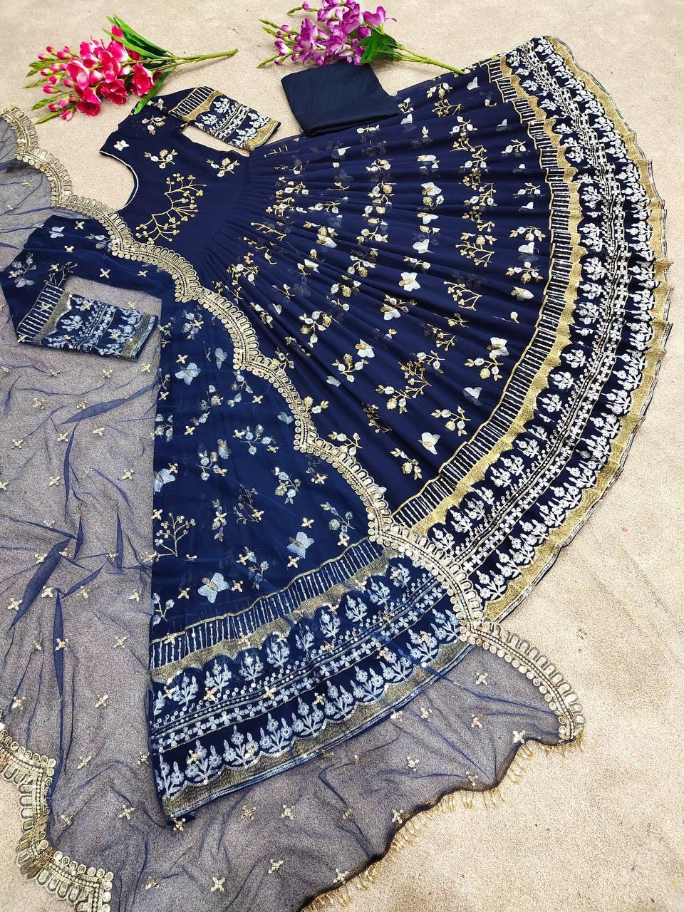 Dark Blue Georgette Embroidery Salwar Suit with Dupatta - Indiakreations