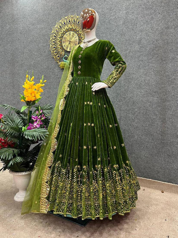 Green Velvet Embroidery Salwar Suit with Dupatta - Indiakreations