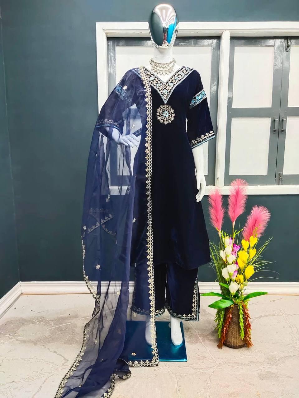 Navy Blue Velvet Embroidery Salwar Suit with Dupatta - Indiakreations