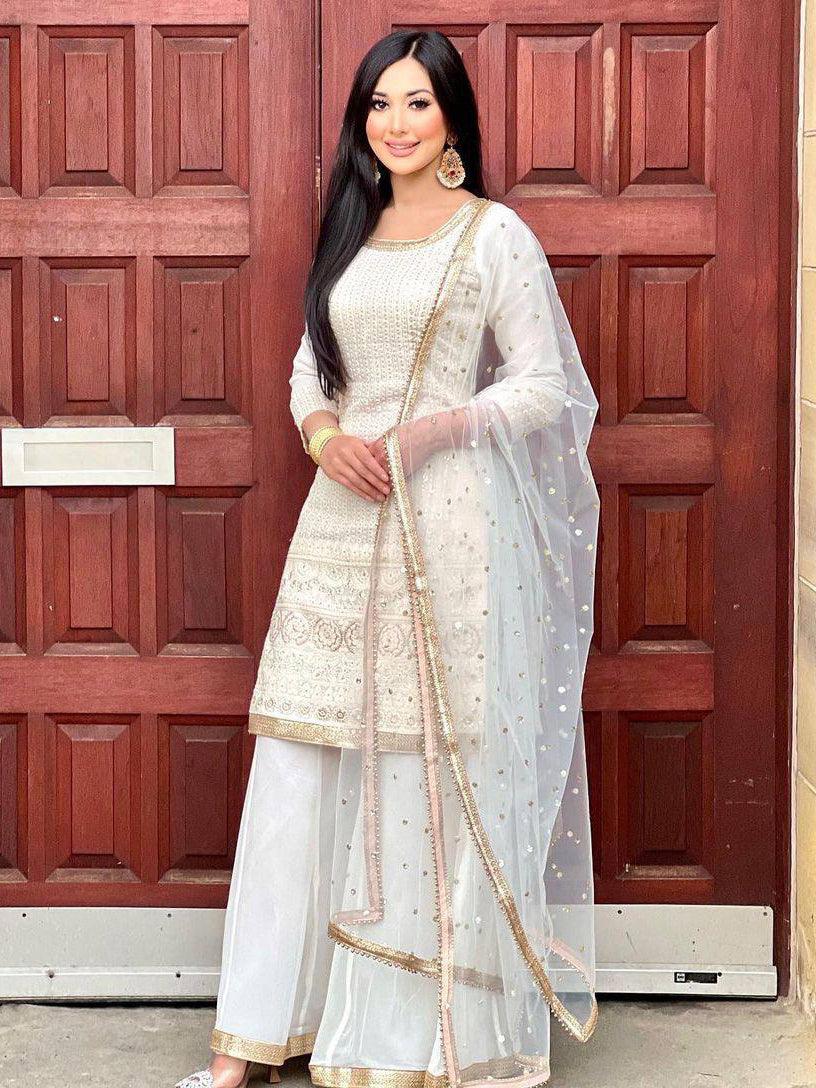 White Georgette Embroidery Salwar Suit with Dupatta - Indiakreations