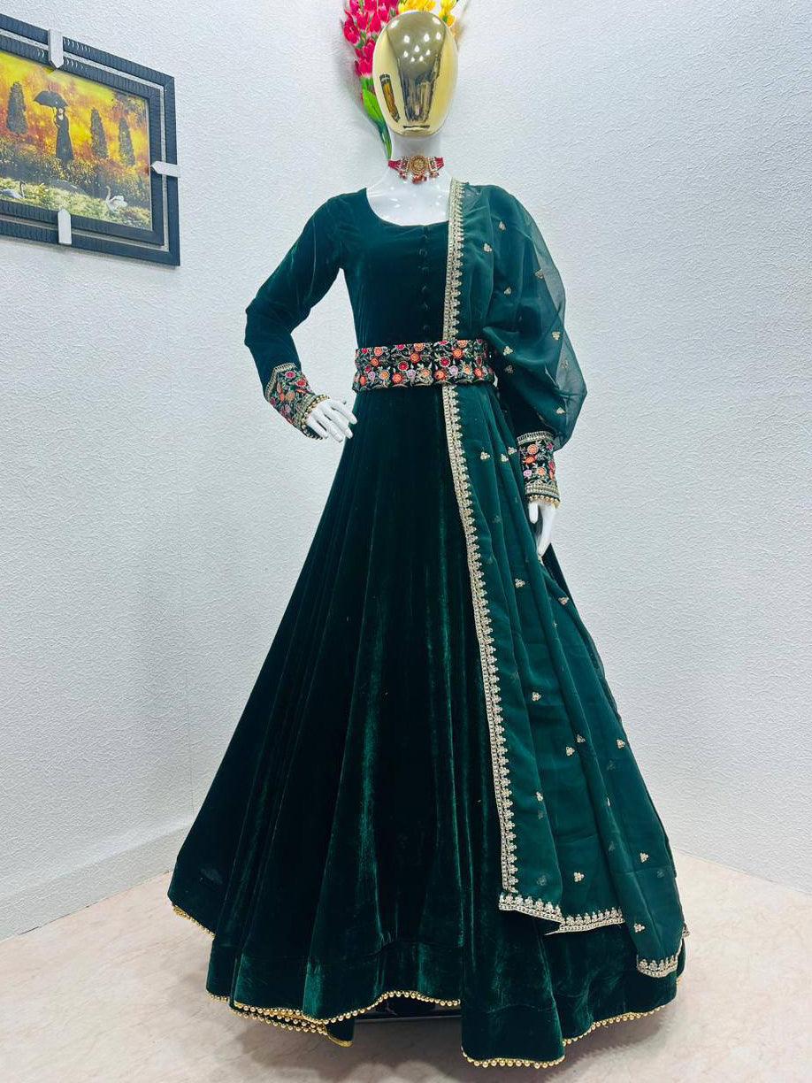 Teal Green Velvet Embroidery Salwar Suit with Dupatta - Indiakreations