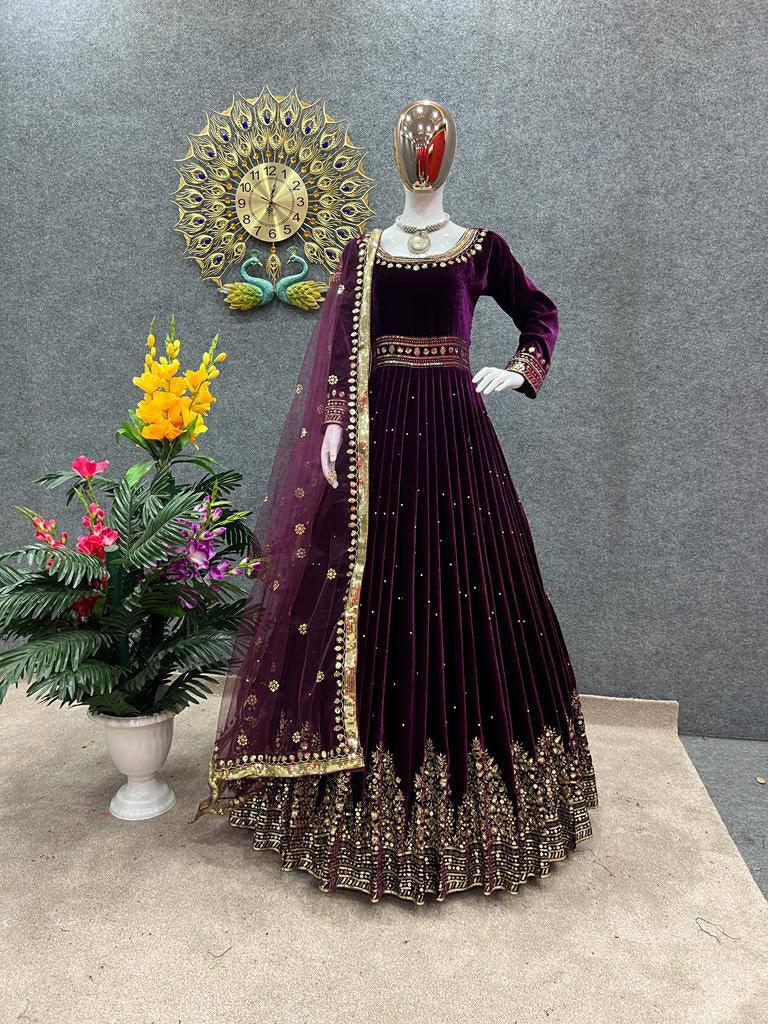 Wine Purple Velvet Embroidery Salwar Suit with Dupatta - Indiakreations