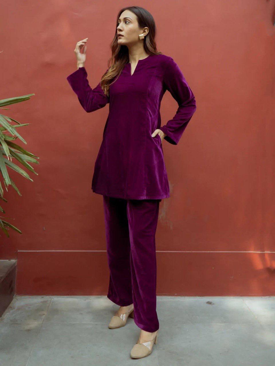 Purple Velvet Embroidery Salwar Suit with Dupatta - Indiakreations