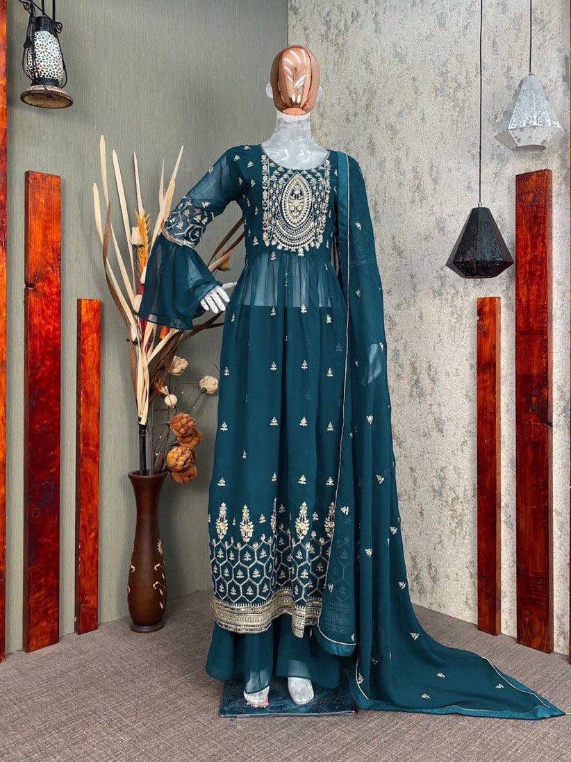 Teal Blue Velvet Embroidery Salwar Suit with Dupatta - Indiakreations