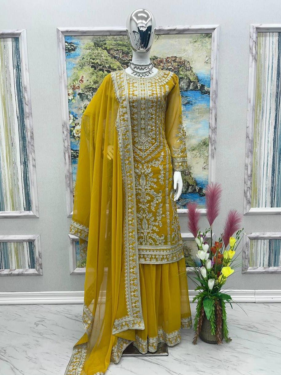 Yellow Georgette Embroidery Salwar Suit with Dupatta - Indiakreations