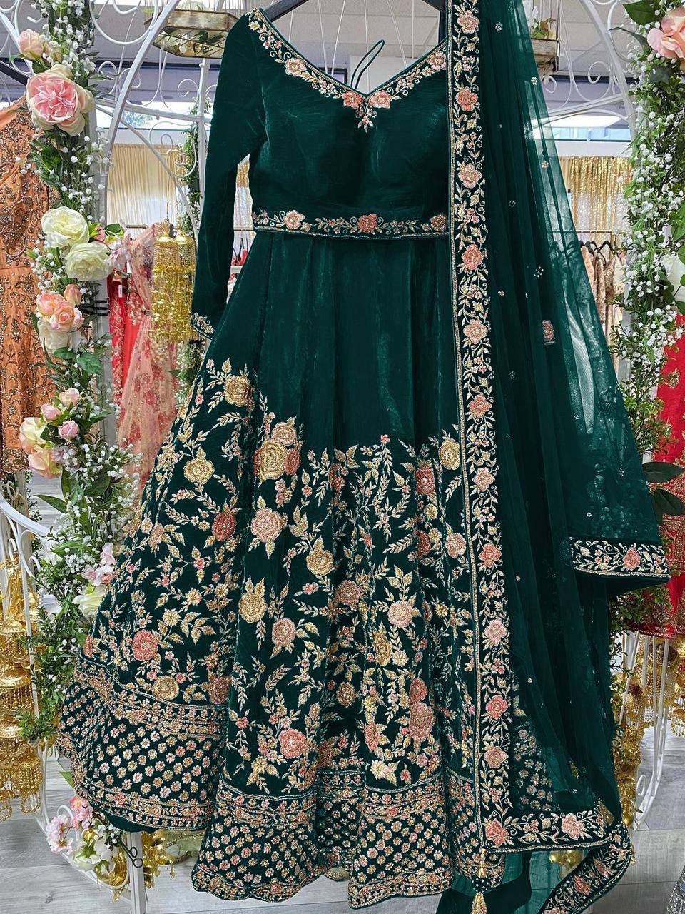 Green Velvet Embroidery Lehenga Choli with Dupatta - Indiakreations