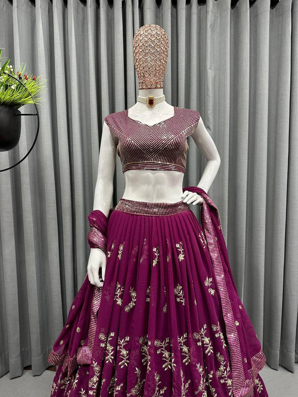 Sangria Purple Georgette Embroidery Lehenga Choli with Dupatta - Indiakreations