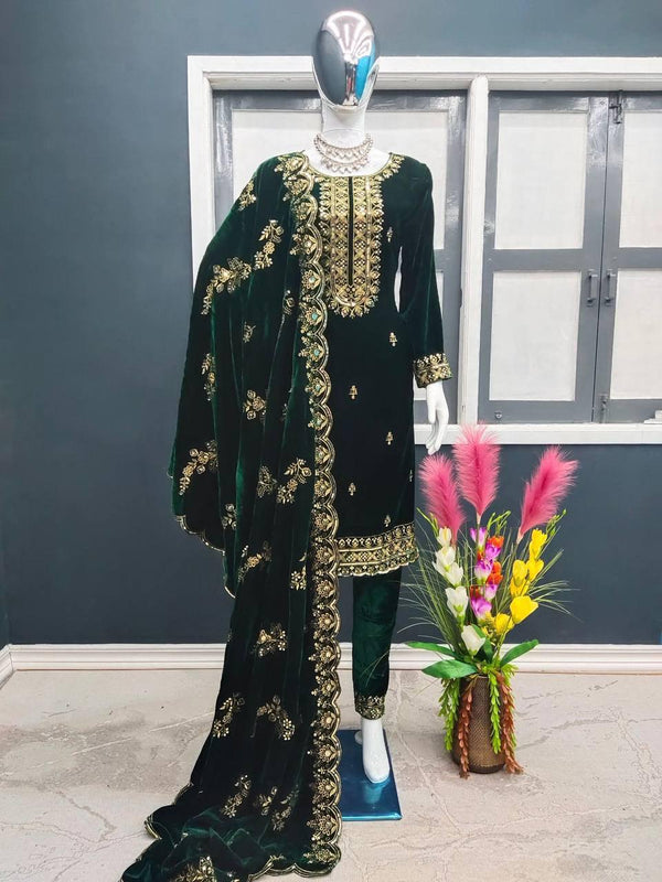 Green Velvet Embroidery Salwar Suit with Dupatta - Indiakreations