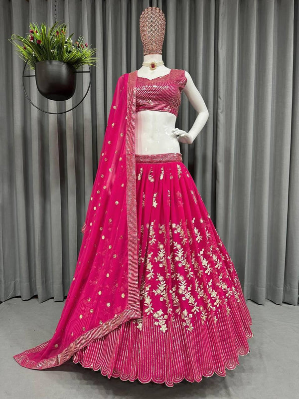 Pink Georgette Embroidery Lehenga Choli with Dupatta - Indiakreations