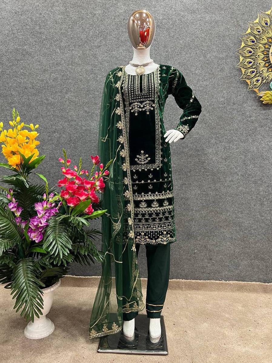 Green Velvet Embroidery Salwar Suit with Dupatta - Indiakreations