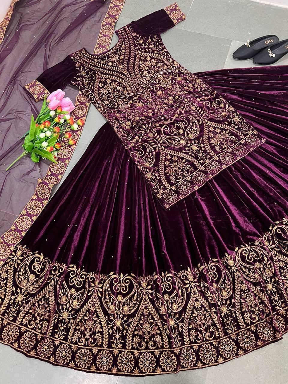 Wine Purple Velvet Embroidery Lehenga Choli with Dupatta - Indiakreations