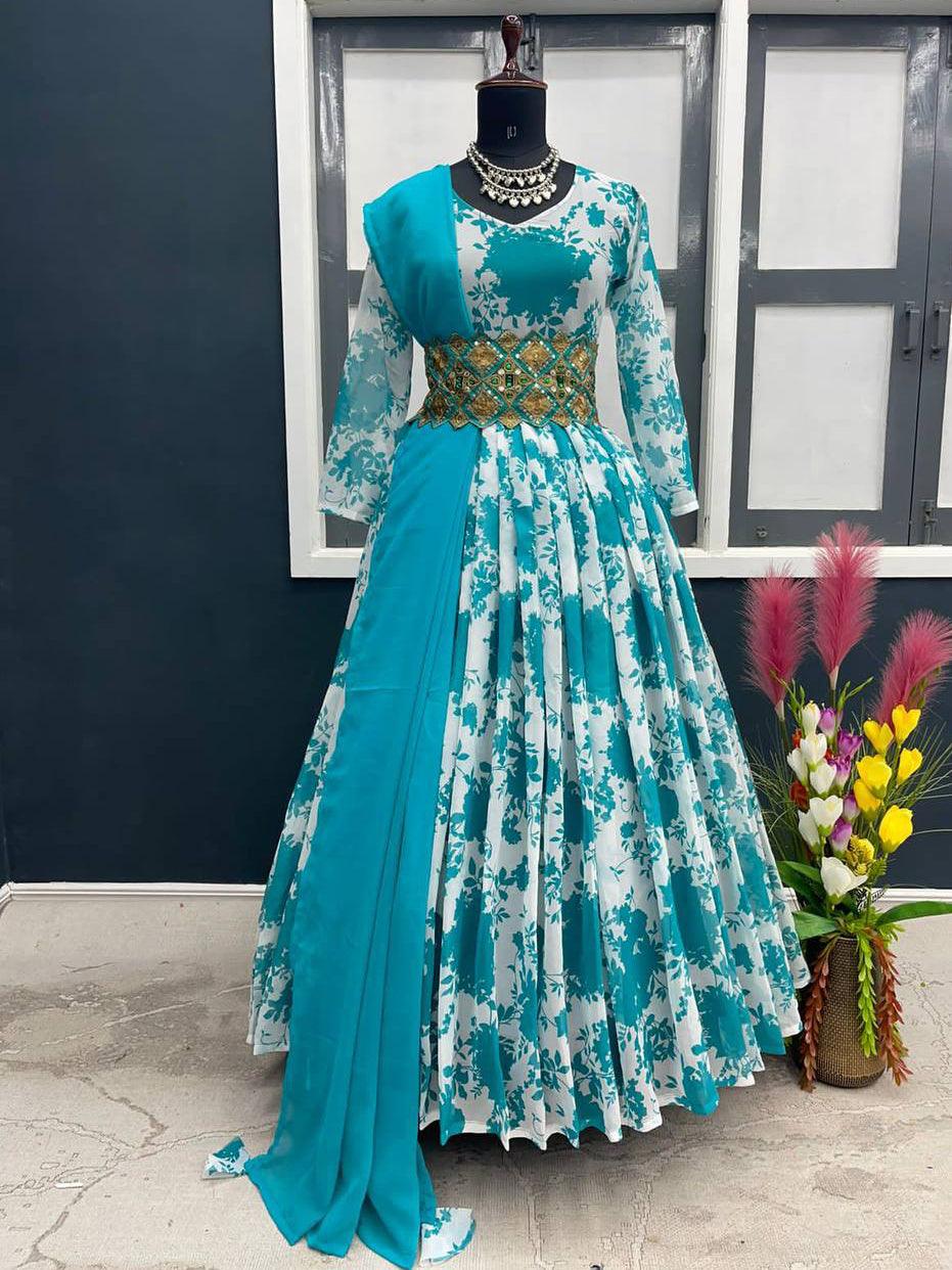 Aqua Blue Georgette Embroidery Salwar Suit with Dupatta - Indiakreations