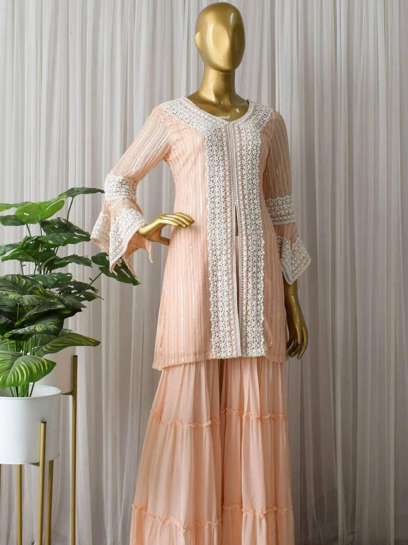 Peach Georgette Embroidery Salwar Suit with Dupatta - Indiakreations