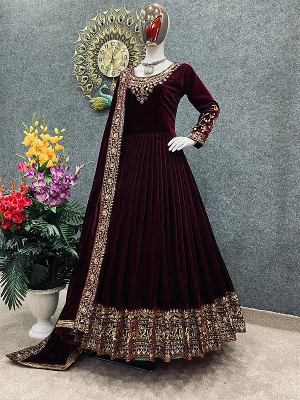 Wine Purple Velvet Embroidery Salwar Suit with Dupatta - Indiakreations