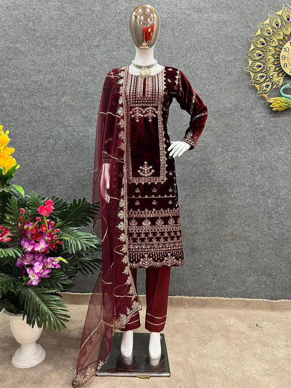 Maroon Velvet Embroidery Salwar Suit with Dupatta - Indiakreations