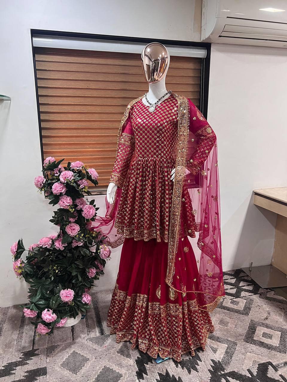 Red Georgette Embroidery Salwar Suit with Dupatta - Indiakreations