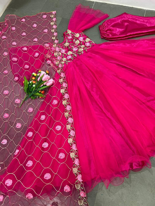 Pink Net Embroidery Salwar Suit with Dupatta - Indiakreations