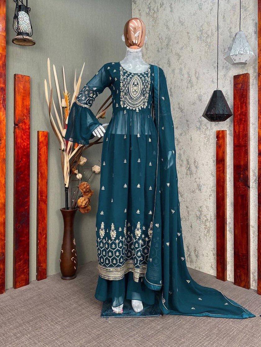 Teal Blue Georgette Embroidery Salwar Suit with Dupatta - Indiakreations