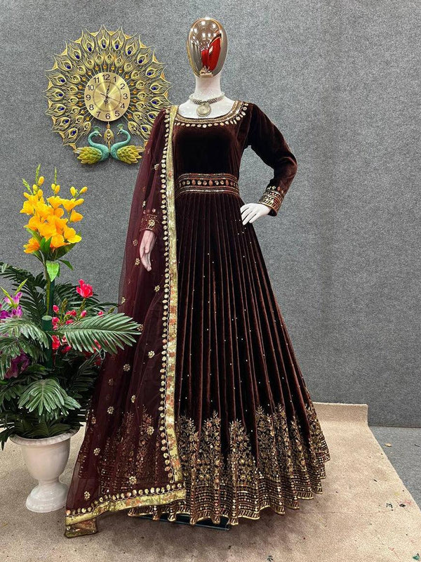 Maroon Velvet Embroidery Salwar Suit with Dupatta - Indiakreations