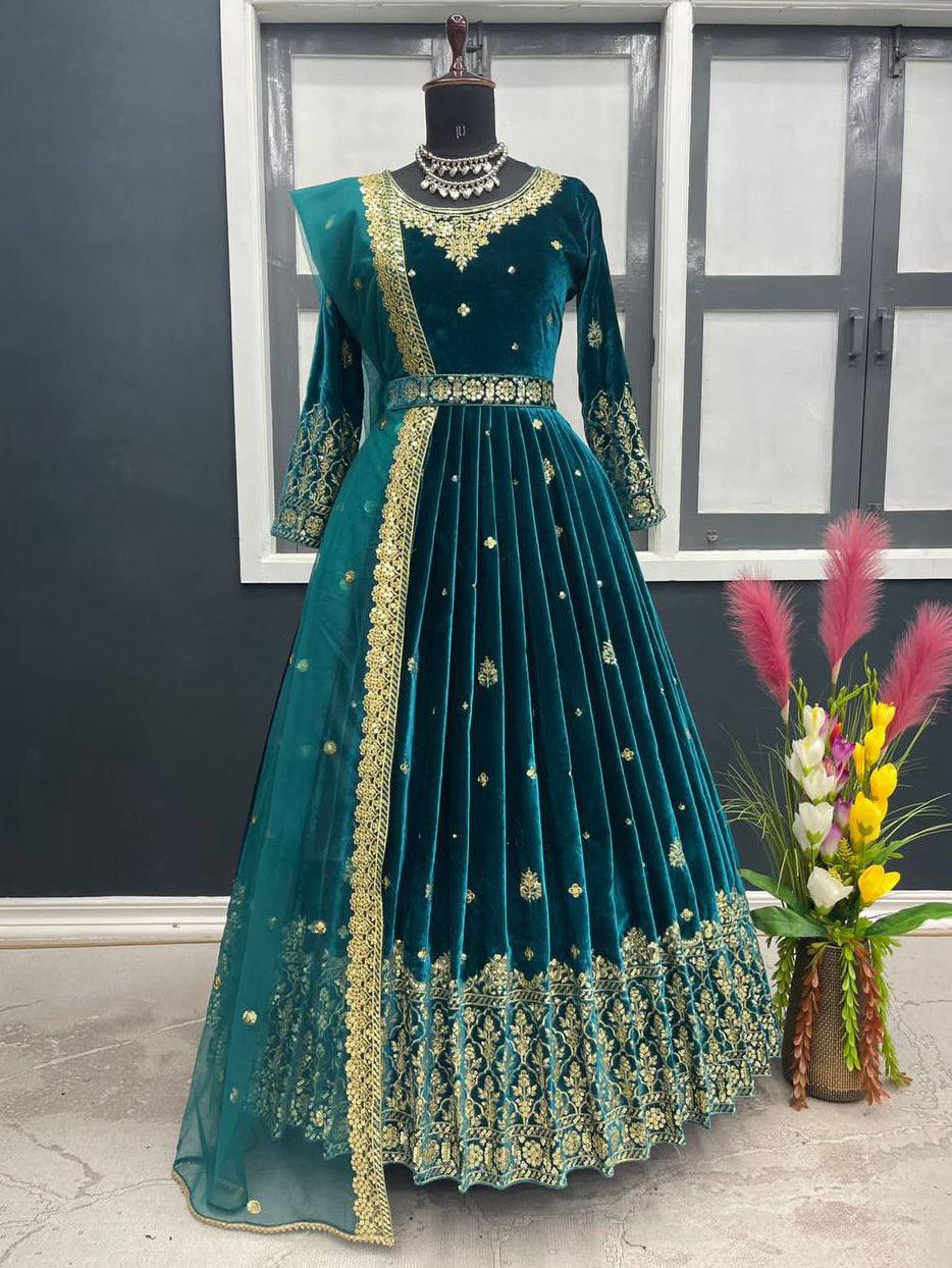 Teal Green Velvet Embroidery Salwar Suit with Dupatta - Indiakreations