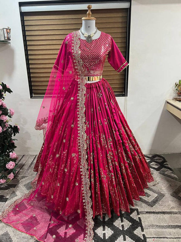 Pink Taffeta Silk Embroidery Lehenga Choli with Dupatta - Indiakreations