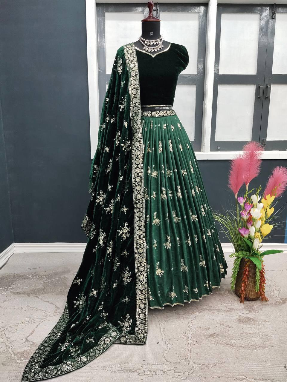 Green Maska Silk Embroidery Lehenga Choli with Dupatta - Indiakreations