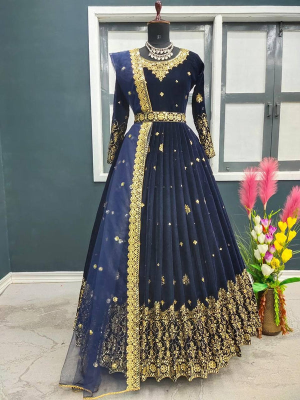 Blue Velvet Embroidery Salwar Suit with Dupatta - Indiakreations