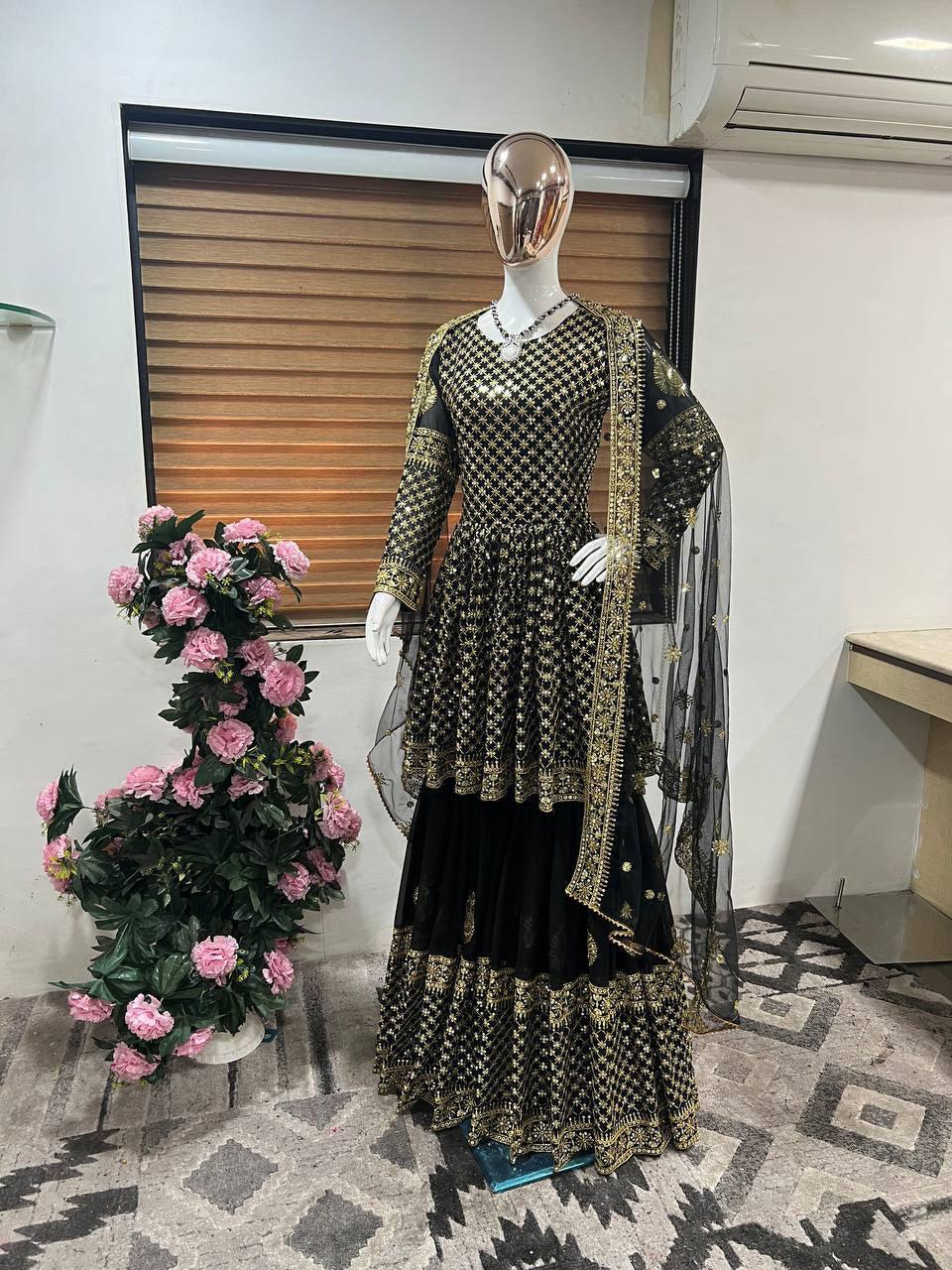 Black Georgette Embroidery Salwar Suit with Dupatta - Indiakreations