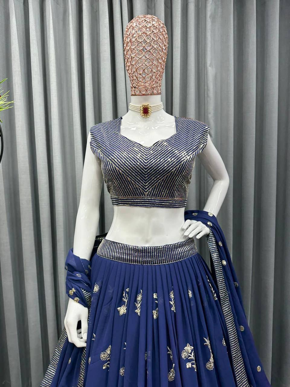 Blue Georgette Embroidery Lehenga Choli with Dupatta - Indiakreations