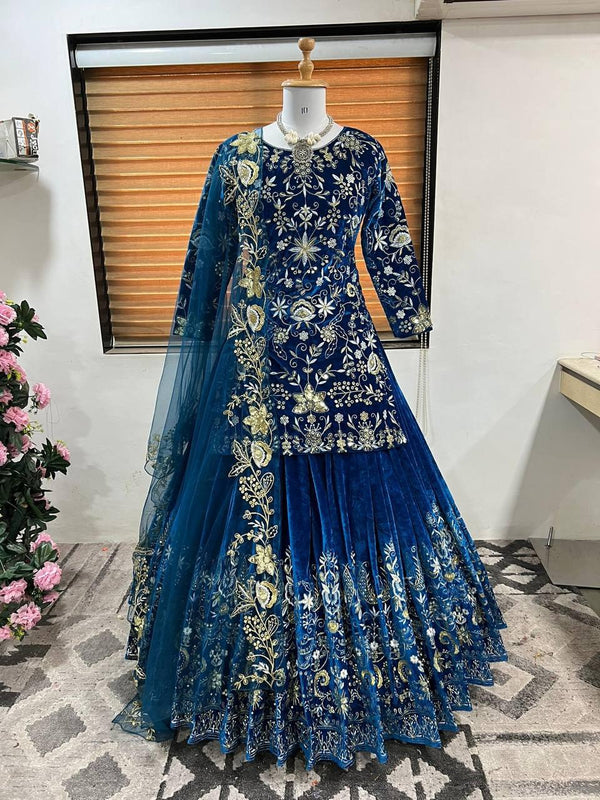 Blue Velvet Embroidery Lehenga Choli with Dupatta - Indiakreations